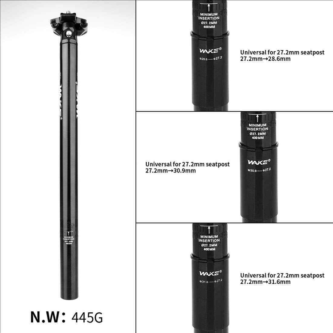27.2 Seatpost 400mm LITEONE MTB Seat Post with 28.6mm 30.9mm 31.6mm Seatpost Shim Suitable for Mountain Bike Road Bicycle MTN BMX ( Include 3 Tube Adapters 15mm Setback )