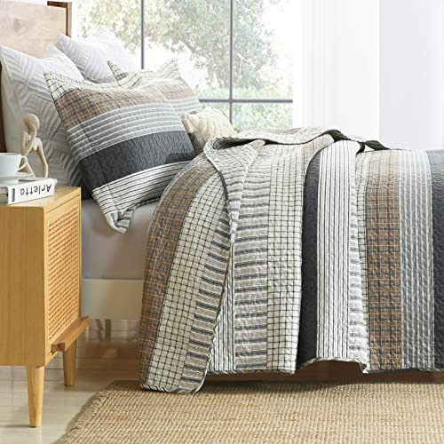 Finlonte Quilt King Size, King Quilt Set, Cotton Quilt, Grey Striped King Quilt Bedding Set Bedspreads, Reversible Lightweight Quilt Bedspread Set For All Season, 3-Piece #TOP1