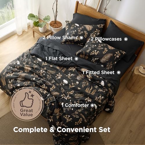 Image of Bedsure Floral Black Comforter Set, Queen Bedding Sets, 7 Piece | Bed in a Bag, Comforters, Bedroom, Reversible, Fluffy, Whisper-Quiet, All-Season, Polyester, Easy Care, Botanical-Chic, OEKO