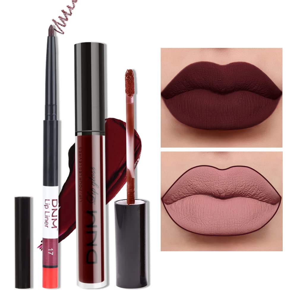 2Pcs Matte Dark Red Lip Liner and Lipstick Makeup Set, Matte Liquid Lipstick 24H and with Lip Liner Set Kit Waterproof Long Lasting labiales mate 24 horas originales matte larga duracion 24#17