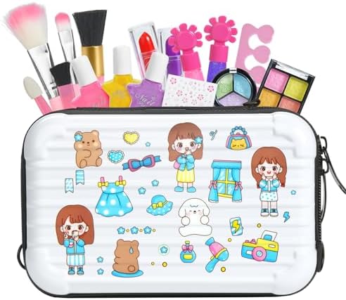 Kids Makeup Sets for Girls 5-8, Washable Non Toxic Toys for Princess Dress Up, Girls Toys and Gifts for Christmas and Birthday (White Cosmetic Case with 150+ DIY Stickers)
