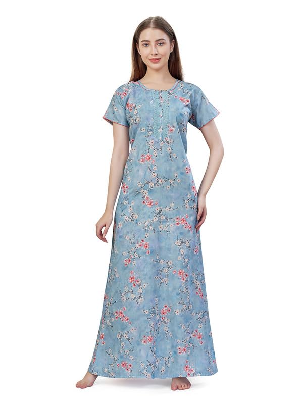 Womens Straight Fit V-Neck Short Sleeves Digital Print Nighty with Functional Pocket Peach