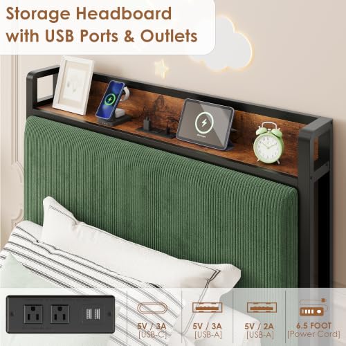 Image of GAOMON Twin Size Bed Frame with 2 Drawers and Charging Station, Green