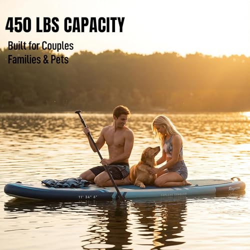 Image of Inflatable Stand Up Paddle Board 11'x34 inch Extra Wide SUP, Ultra-Stable for Adults & Dog, 450lbs, Dual Chamber Pump, Fiberglass Paddle, Military Grade Dual Layer
