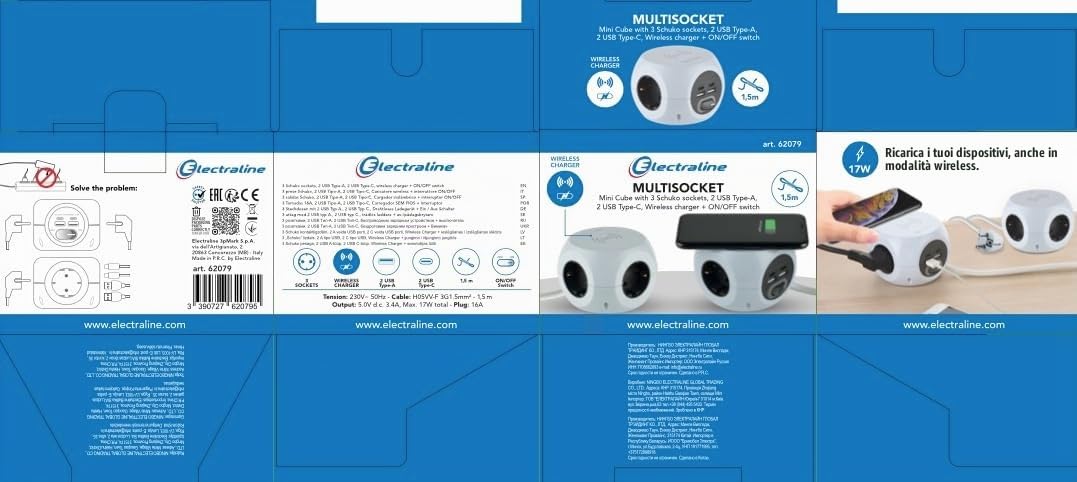 Electraline 62079, Multipresa Mini Cubo con Caricatore wireless rapido, Fast Wireless Charger Qi, con 3 porte USB 2.4A e 3 prese Schuko/tedesca, Cavo 1,5M, Spina Schuko/tedesca
