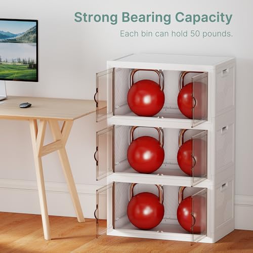 Image of UAMFURI 336QT Lockable Storage Bins with Lids - Stackable Storage Cabinet with Doors and Wheels, Collapsible Plastic Organizer and Containers for Closets, Office, 3 Pack Cubes