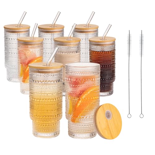 MRZIKPO Drinking Glasses with Bamboo Lids and Glass Straw 8pcs Set,16oz Glass Tumbler Cups,Water Glasses,Iced Coffee Glasses,iced Tea Glasses,Beer Glasses,Ideal for Whiskey,2 Brushes