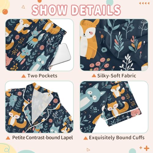 senya Cute Fox on Forest Satin Summer Pajama Sets Silk Short Sleeve Button Down Sleepwear3