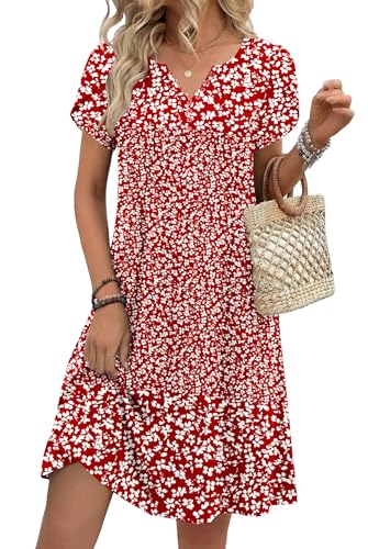 Zeagoo Womens Dresses Casual Short Sleeve A Line Spring Summer Shift Dress with Pockets Loose Pleated V-Neck Button Down Sundress Red FloralXXL