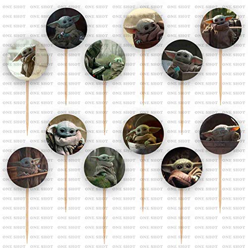 One Shot Baby Yoda Mandalorian Cupcake Toppers, 12 Count, Green, Birthday, General