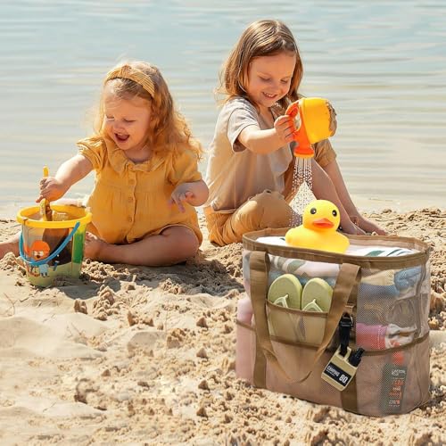 Outdoor Leisure Mesh Beach Bag, Large Capacity Polyester Hand Tote with Multi Pocket Design for Toys and Accessories Storage ﻿3