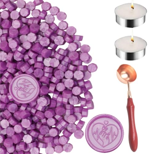 150 Pcs Octagon Sealing Wachs Perlen Schwarz Wachs Seal Perlen mit 2Pcs Tee Kerzen und 1 Pcs Wachs Schmelzlöffel für Handwerk Brief Wein Grußkarten Versiegelung (150, Rosa Lila)