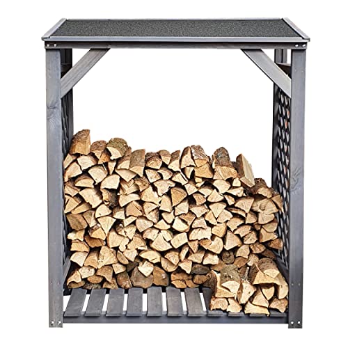 Callow Retail Log Store - Grey, Solid Pine Wood Rack for Log Storage, Log Drying, Seasoning - Garden Firewood Storage Shed with Felt Roof | Outdoor Fireplace Accessories