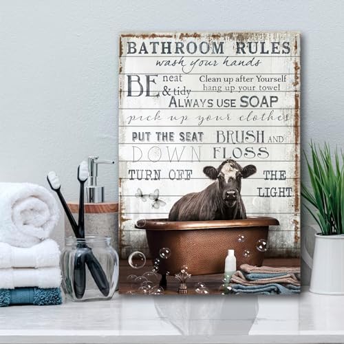 Image of Cow Bathroom Canvas Wall Decor Rustic Bathroom Rules Prints Sign Wall Art Black And White Cow In The Bathtub Pictures Wall Decor Poster Funny Cow Wall Art Humor Animals Artwork Prints 16x24in No frame