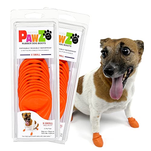 PawZ Rubber Dog Boots for Small Paws - All-Weather Waterproof Dog Shoes, Anti-Slip Traction for Rain, Snow, Mud & Hot Pavement - Pull-On Dog Booties, Orange - X-Small (1.5"-2") - Pack of 24 by Protex PawZ - Used condition - US$28.23