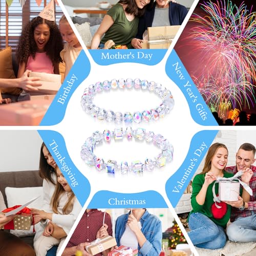 2PCS Beaded Stretch Bracelet Set for Women Austrian Crystal Stretch Bracelets Rainbow Aurora Borealis Jewelry Rainbow Reflective Crystal Chain for Birthdays Valentines Retirements3