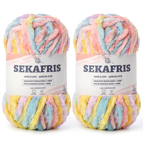 Image of Chenille Velvet Soft Yarn Macaron 2 Pack | 200g /98.4yds Fuzzy Chunky Chenille Yarn for Crocheting Plush Yarn for Hand Knitting Amigurumi Fluffy Yarn