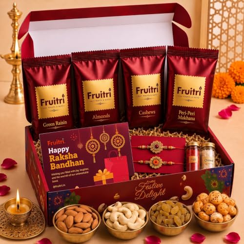Image of Fruitri Premium Rakhi Gift Hamper for Brother with Almonds, Cashews, Green Raisins 100g each & Peri Peri Makhana, 2 Rakhis, Roli Chawal & Greeting Card