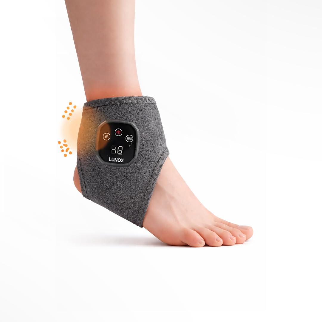 LUNOX Ankle Brace with Heat and Vibration – Adjustable Electric Ankle Support for Pain Relief, Circulation Improvement and Stability – One Size Fits Most (Black)