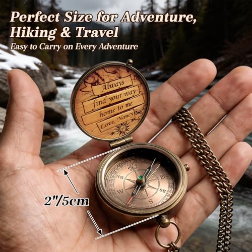 Brújula de bolsillo personalizada grabada con caja de madera, brújula vintage de latón con estuche de cuero PU, para camping, senderismo y pesca miniatura 3