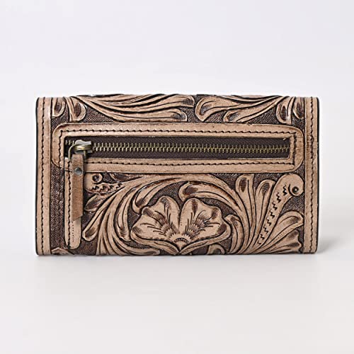 Hantooled Leather Wallet RFID Blocking, Trifold Ladies Purse, Flower Handtooled and Carved long Clutch, 1 Back Zip pocket, Wallet For Women (Light brown)3