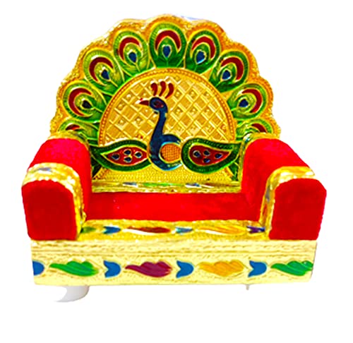 Image of DMS RETAIL Wooden Handcrafted Peacock Sinhasan for Mandir|Sihasan for Laddu Gopal|Shihasan for God (6X6 Inch)