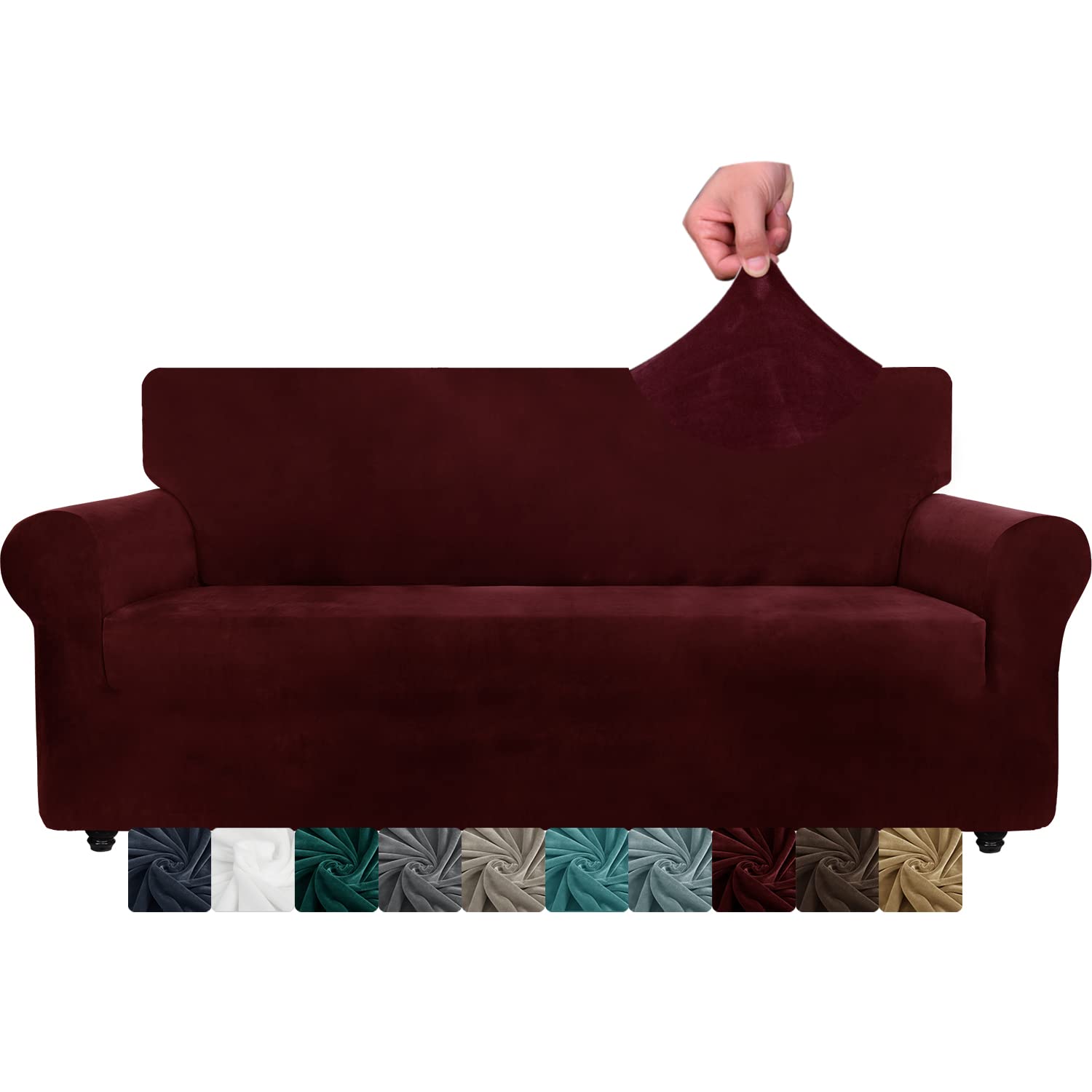 XINEAGE 1 Piece Velvet Couch Covers for 3 Cushion Couch Living Room High Stretch Sofa Cover Pets Dogs Friendly Anti Slip Thickened Slipcovers Furniture Protector (3 Seater, Wine Red) โ image 1