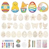 Oster Basteln Kinder, Holz Ostereier zum Bemalen 50 Stück Bastelsets Kinder Holzanhänger Ostern zum Bemalen mit Pompons, Deko Schnur, Strass, Osteraufkleber, Ostergeschenke