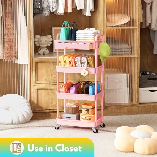 Image of SUNALLY Makeup Cart Organizer with Drawer, 4 Tier Rolling Makeup Cart, Pink