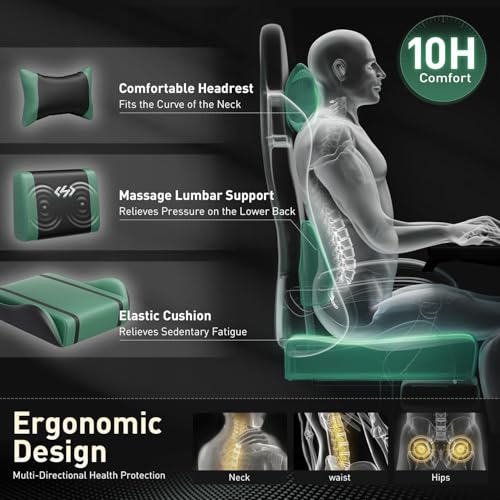 Image of HLDIRECT Gaming Chair, Ergonomic Video Game Seat with 360 Swivel & Lumbar Massage, Computer Chair PU Leather Cushion for Adults Home /Office Use (Black & Green)