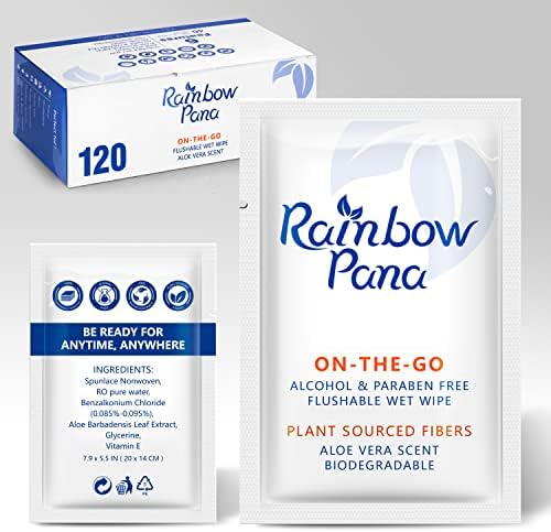 RainbowPana Flushable Wipes - 120 Count, ON-THE-GO Individually Wrapped - Butt Wipes for Women and Men, Travel Wipes for Family - Infused with Vitamin E and Natural Aloe, pH Balanced, Paraben/Fragrance/Alcohol Free, 100% Plant Sourced Fibers - Cleanse and Moisturize Sensitive Skin - Upgrade Your Bathroom Experience with Biodegradable Wet Wipes