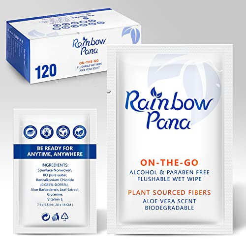 Rainbowpana Flushable Wipes - 120 Count, On-The-Go Individually Wrapped - Butt Wipes For Women And Men, Travel Wipes For Family - Infused With Vitamin E And Natural Aloe, Ph Balanced, Paraben/Fragrance/Alcohol Free, 100% Plant Sourced Fibers - Cleanse And Moisturize Sensitive Skin - Upgrade Your Bathroom Experience With Biodegradable Wet Wipes #TOP24