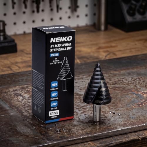 Image of NEIKO 10612B Step Drill Bit, 10 Steps 1 /4 inch to 1-3 /8 inch Spiral M35 Cobalt, AlTiSiN Coated, 3 /8 inch Tri-Flat Step Bits for Steel, Metal, Wood, Plastic, Unibit Cone Drill Bits, Two Flute