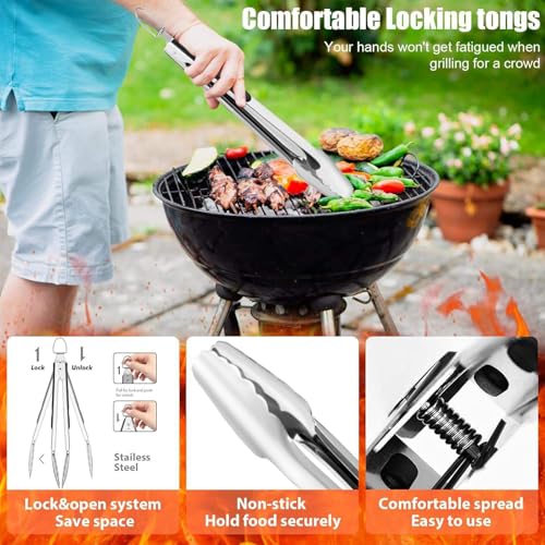 INRIGOROUS 12Pcs BBQ Tools Set with Locking Tongs, Grill Mat&Carry Bag-Stainless Steel Barbecue Accessories Kit Including Spatula,Fork,Knife,Skewers&Cleaning Brush for Outdoor Cooking,Camping,Picnics - Image 2