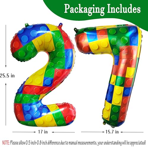 Image of 32 Inch Building Block Number 27 Balloons birthday Block Themed Large Big Helium Foil Mylar Balloon for Girls Boys Birthday Party Decoration Supplies