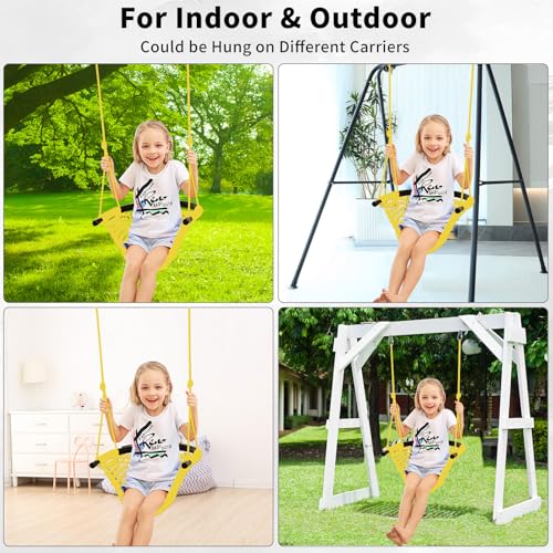 Image of Hi-Na Kids Swing Seats Indoor Hand-Made with Adjustable Rope, Outdoor Tree Child Swing Seat for Backyard, Playground, Outside, Yellow, Polyester