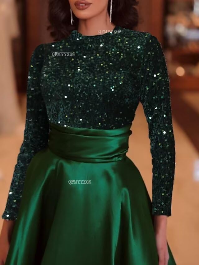 Women's Long Sleeve Mother of The Bride Dresses with Pockets Sequin Prom Dress Satin A Line Formal Evening Gown3