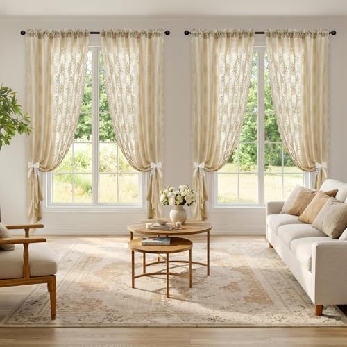 Image of MIULEE Vintage Floral Scalloped Lace Curtains 2 Panels, Beige 52 inch W x 36 inch L | Victorian Decorative Design, Semi Sheer Curtains, Pretty Cafe Short Tier Panels, Lace Small Drapes for Kitchen