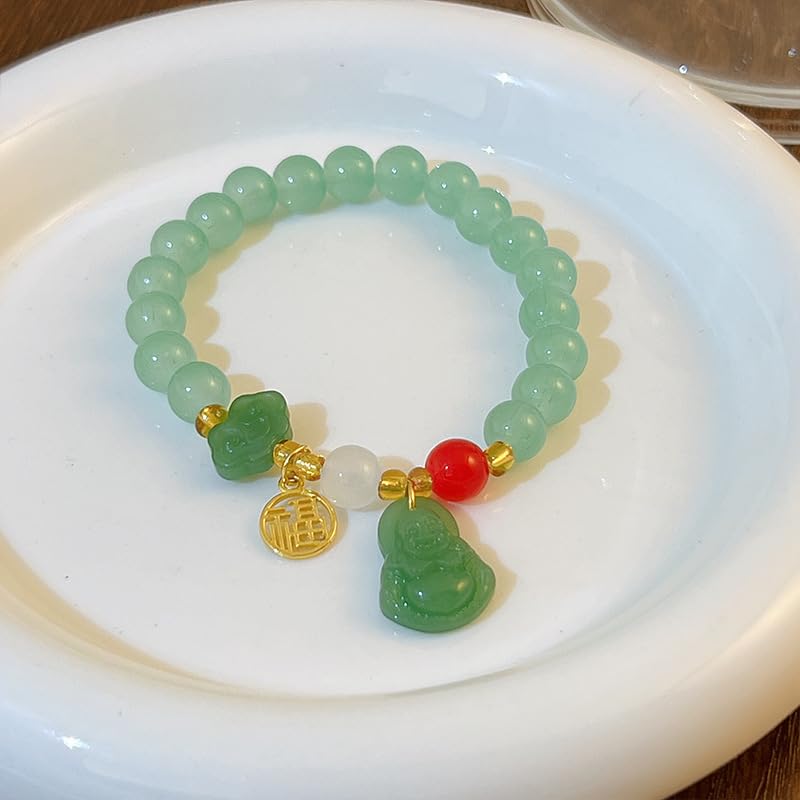 Fuqimanman2020 Laughing Buddha Pendant Stretch Bracelet Jade Natural Stone Beaded Strand Cubic Zirconia Crystal Elastic Lucky Gemstone Amulet Protection Jewelry for Women Men2