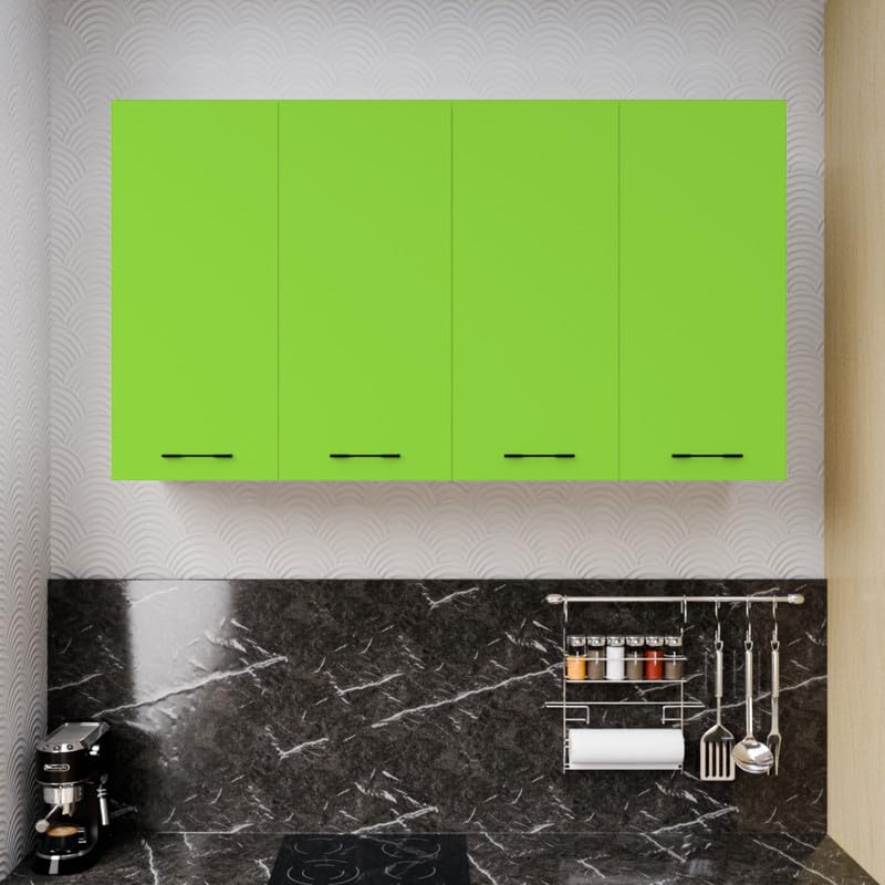 Funtree Multipurpose Wall Mounted Cabinet | 4 Door Storage Unit for Kitchen, Living Room, Office & Bedroom | Engineered Wood Hanging Cupboard | Size: 120x33x63.8 Cm | Color: White & Parrot Green