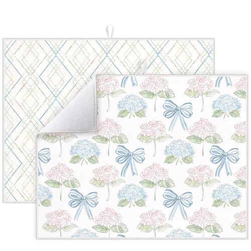 Image of Domensi 2 Pack Hydrangea Microfiber Dish Drying Mat Absorbent Reusable Washable Extra Large Kitchen Counter Draining Mat Blue Gingham Pad for Coffee Bar Kitchen Decor 18x24 Inch