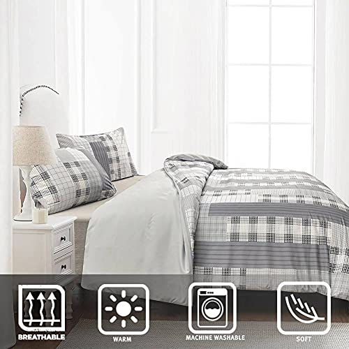 Nanko Queen Duvet Cover Set Boho Grid 90x90 Soft Patchwork Bedding Cover Grey Cream Grid Bohemian Paisley Retro Plaid Striped 3pc Set with Zip - Farmhouse Style Bed Quilt Cover for Women Men - Thumbnail 3