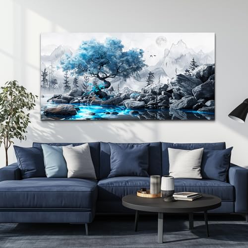 FUHAIHUA Large Wall Decor For Living Room Canvas Wall Art For Bedroom Office Decor Black And White Wall Pictures Artwork Blue Tree Landscape Painting Ready To Hang Hotel Room Home Decoration 24x48