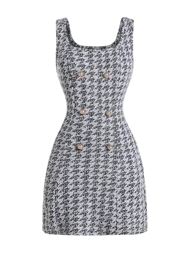 Image of Floerns Women's Plaid Tweed Dress Sleeveless Square Neck Elegant Work Mini Dress