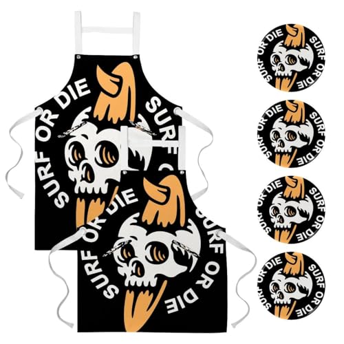Lot de 2 tabliers de cuisine avec 4 broches à motif de tête de mort surf