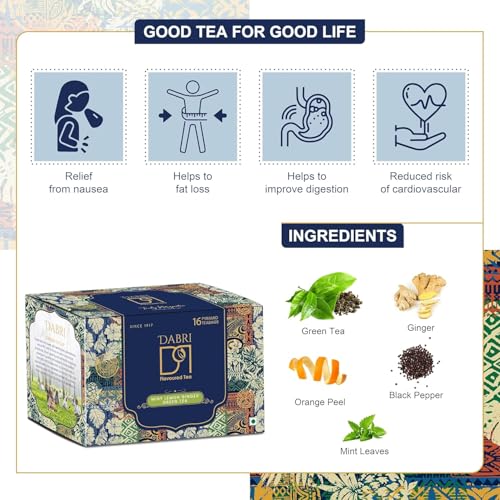 Image of Dabri Mint Lemon Ginger Detox Green Tea 32 Dip Tea Bags|Pack of 2 x 16 Tea Bags Each|Rich with Anti-Oxidants|Freshens breathe with Lemon Grass,Mint Leaves,Dry Ginger|Improve Digestion & Manage weight