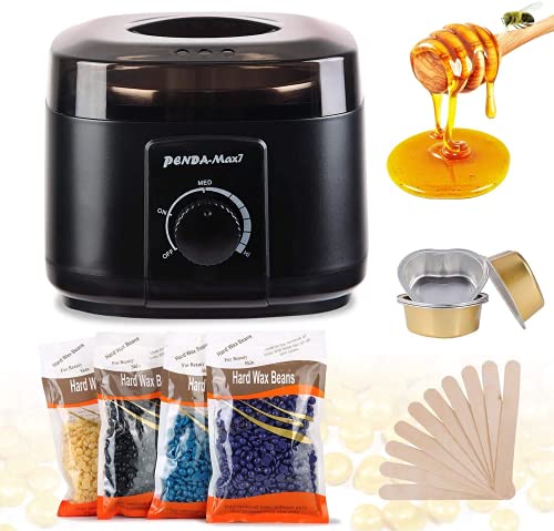 Waxing Kit Wax Warmer Wax Beads for Hair Removal waxing kit for Women, with 4 Packs Hard Wax Beans and 10 Wax Applicator Sticks(black)