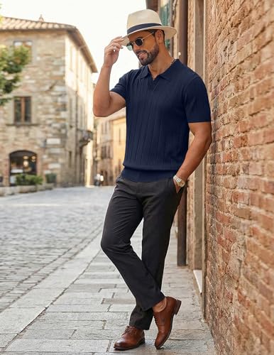Image of COOFANDY Mens Polo Shirts Short Sleeve V Neck Knit Shirts for Men Casual Old Money Clothes Mens Golf Shirt