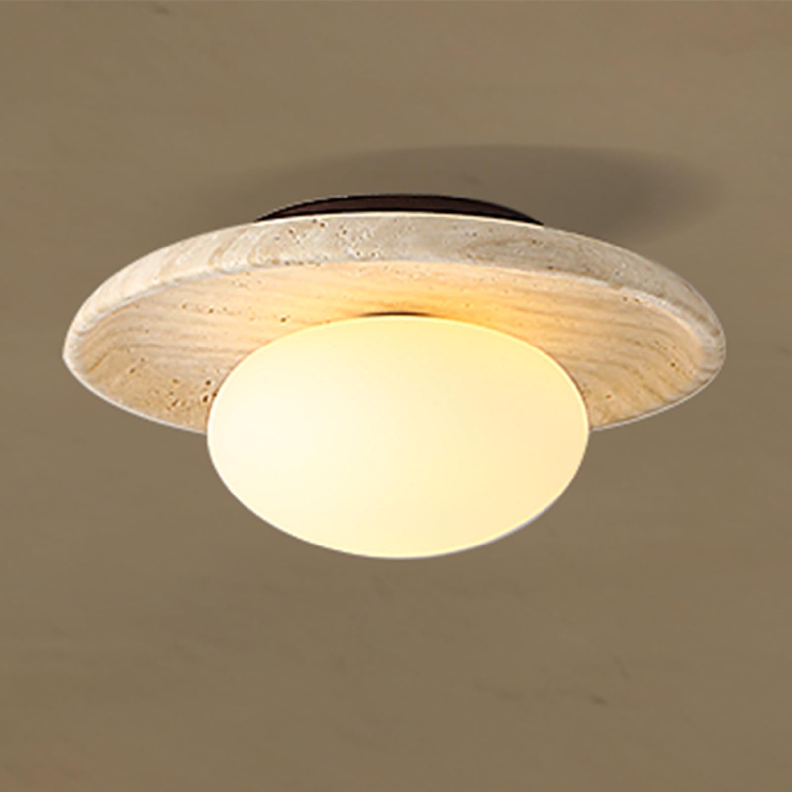 kaixunl 7W 9.8 Inch Japanese Wabi-sabi Style Yellow Natural Stone Marble Ceiling Light, Nordic Round Wood&Natural Travertine Ceiling Lamp, Hallway Ceiling Lighting for Kitchen Balcony Bathroom