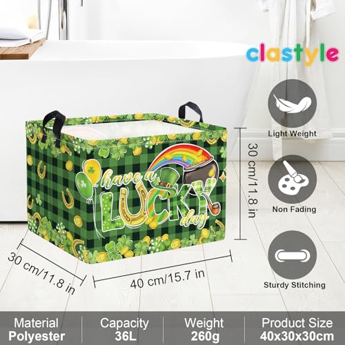 Image of Clastyle Lucky Clovers Saint Patrick's Day Baby Gift Basket Collapsible Rectangle Gold Coin Kid Toy Storage Box Rainbow Plaid Clothes Book Shelf Basket, 36L Green